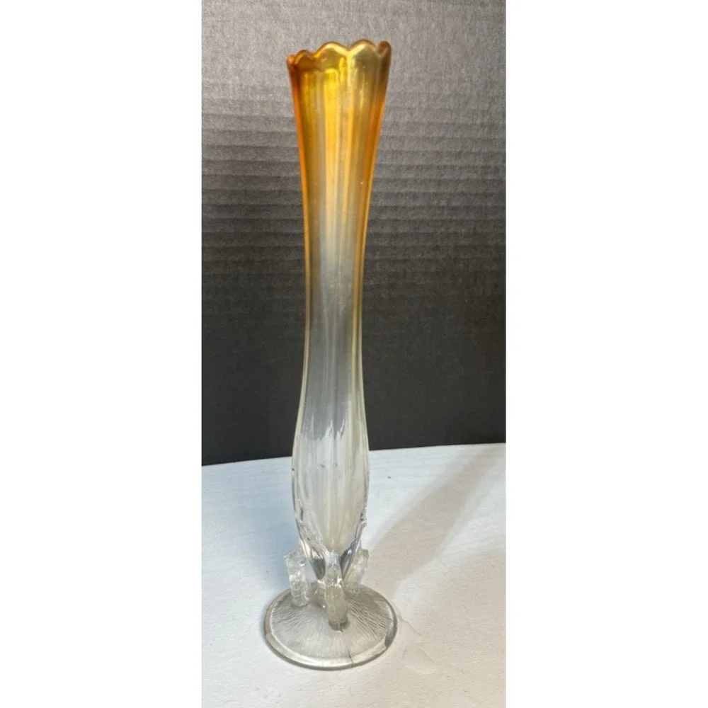 ATQ‎ Dugan Carnival Glass Bud Vase Clear to Marigold w/Twig Branch Base 9.25